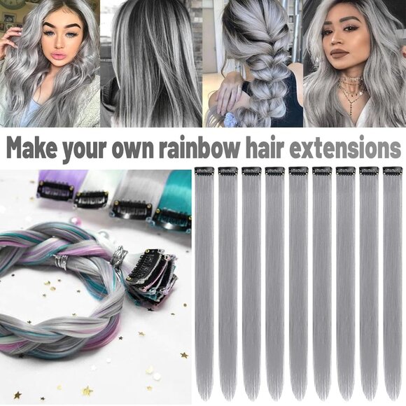 22" Colored Hair Extensions 10 PCS-Gray - Picture 2 of 6